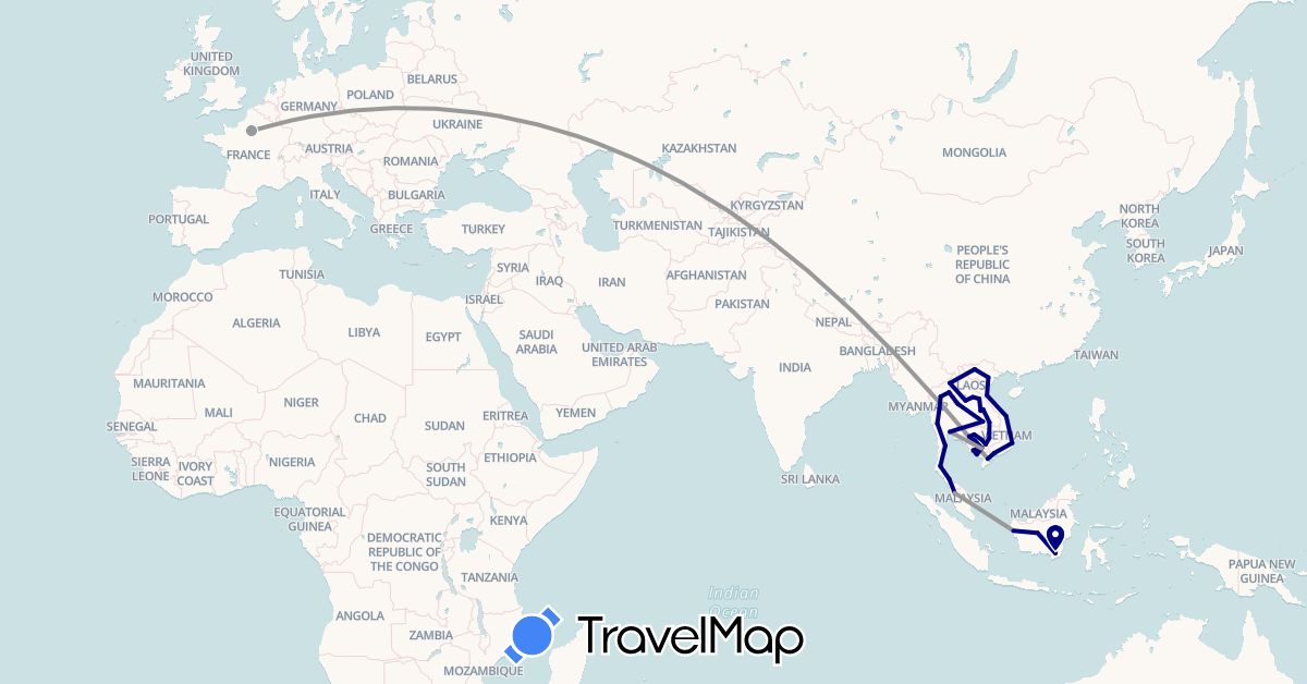 TravelMap itinerary: driving, plane in France, Indonesia, Cambodia, Laos, Malaysia, Thailand, Vietnam (Asia, Europe)