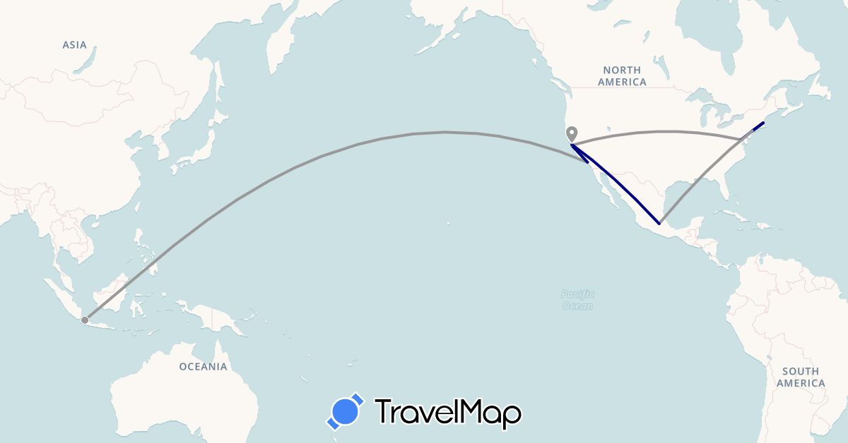 TravelMap itinerary: driving, plane in Indonesia, Mexico, United States (Asia, North America)